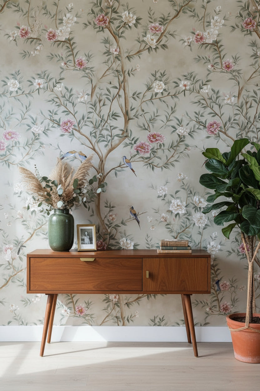 Cream Chinoiserie Bird and Floral Wallpaper