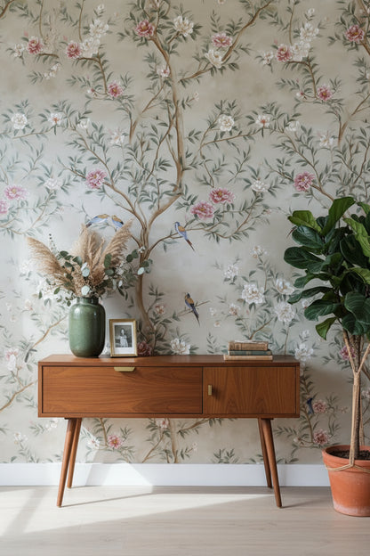 Cream Chinoiserie Bird and Floral Wallpaper
