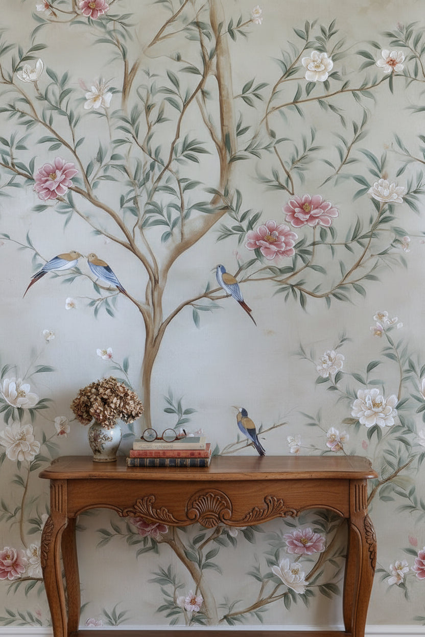 Cream Chinoiserie Bird and Floral Wallpaper