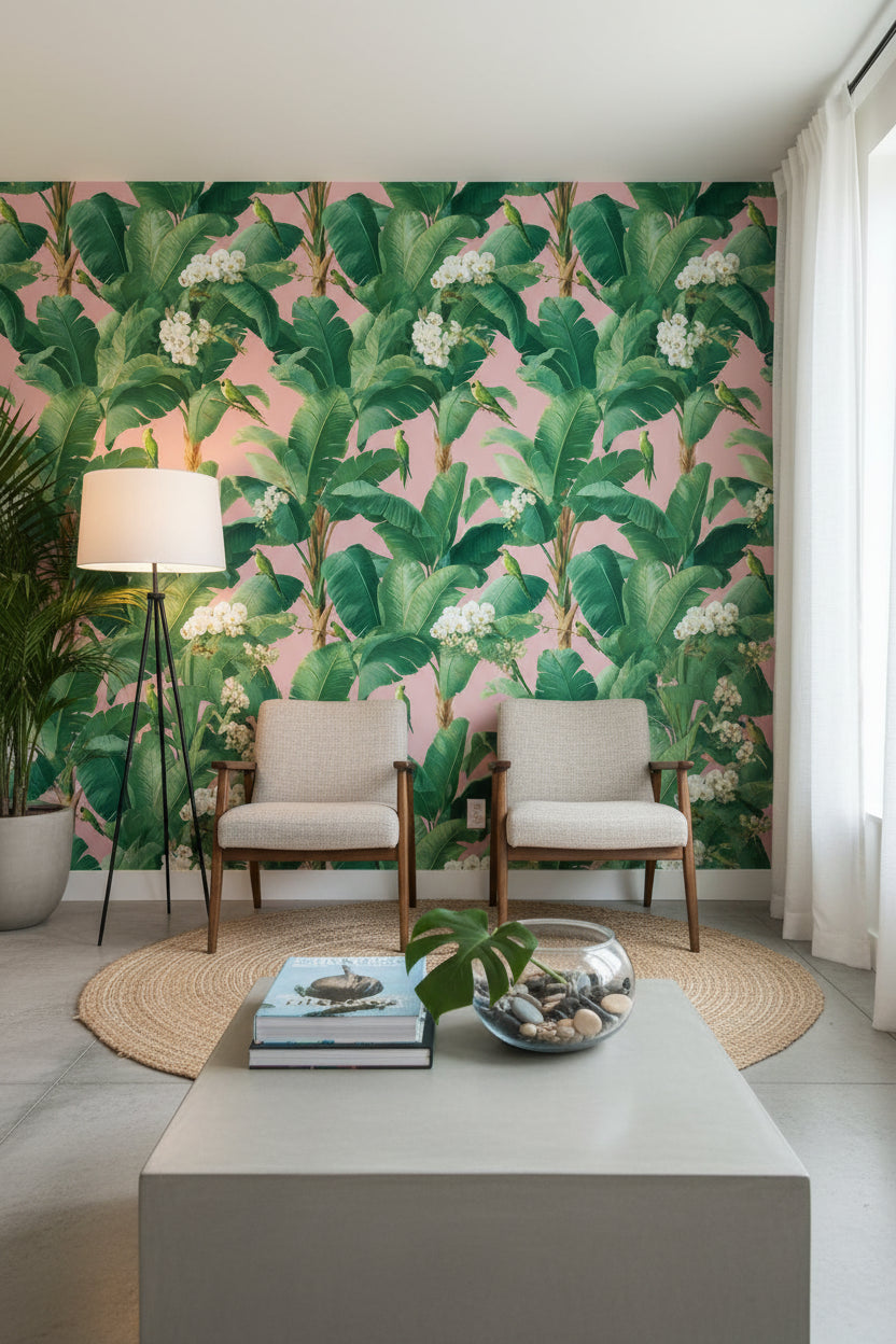 Tropical Wallpaper Banana Leaves Parrots Removable Wall Decor