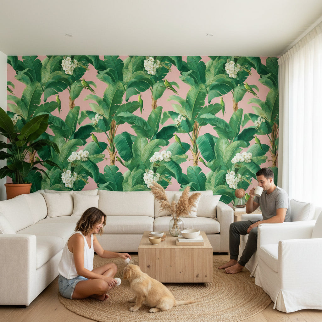 Tropical Wallpaper Banana Leaves Parrots Removable Wall Decor