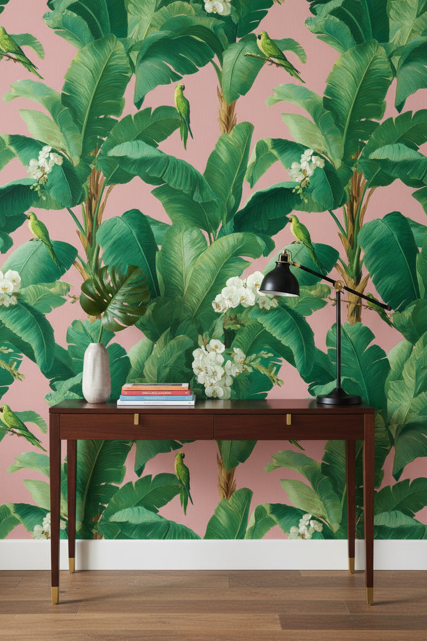 Tropical Wallpaper Banana Leaves Parrots Removable Wall Decor