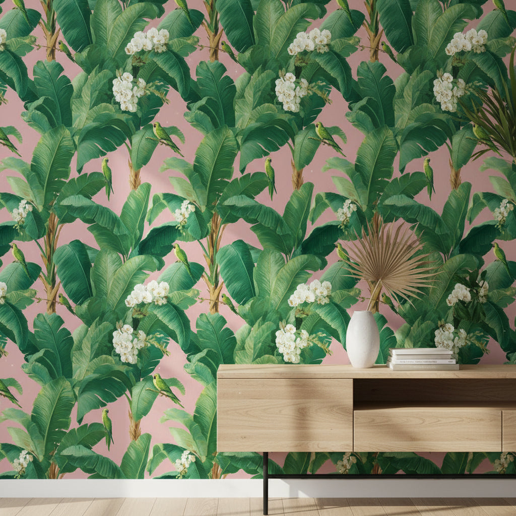 Tropical Wallpaper Banana Leaves Parrots Removable Wall Decor