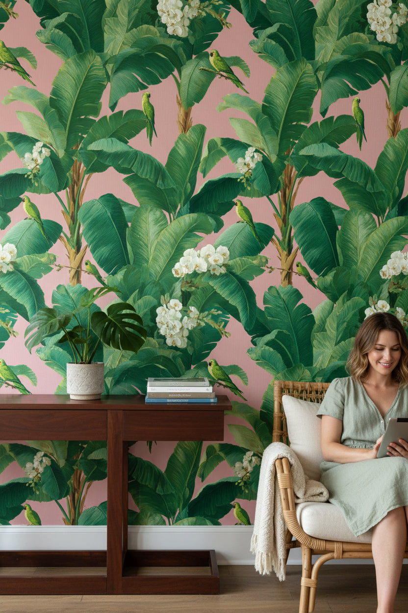 Pastel Pink Tropical Floral Botanical Wallpaper