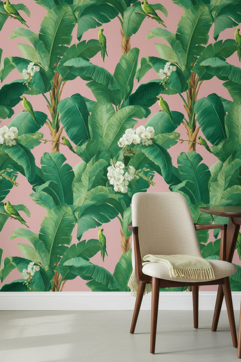 Tropical Wallpaper Banana Leaves Parrots Removable Wall Decor