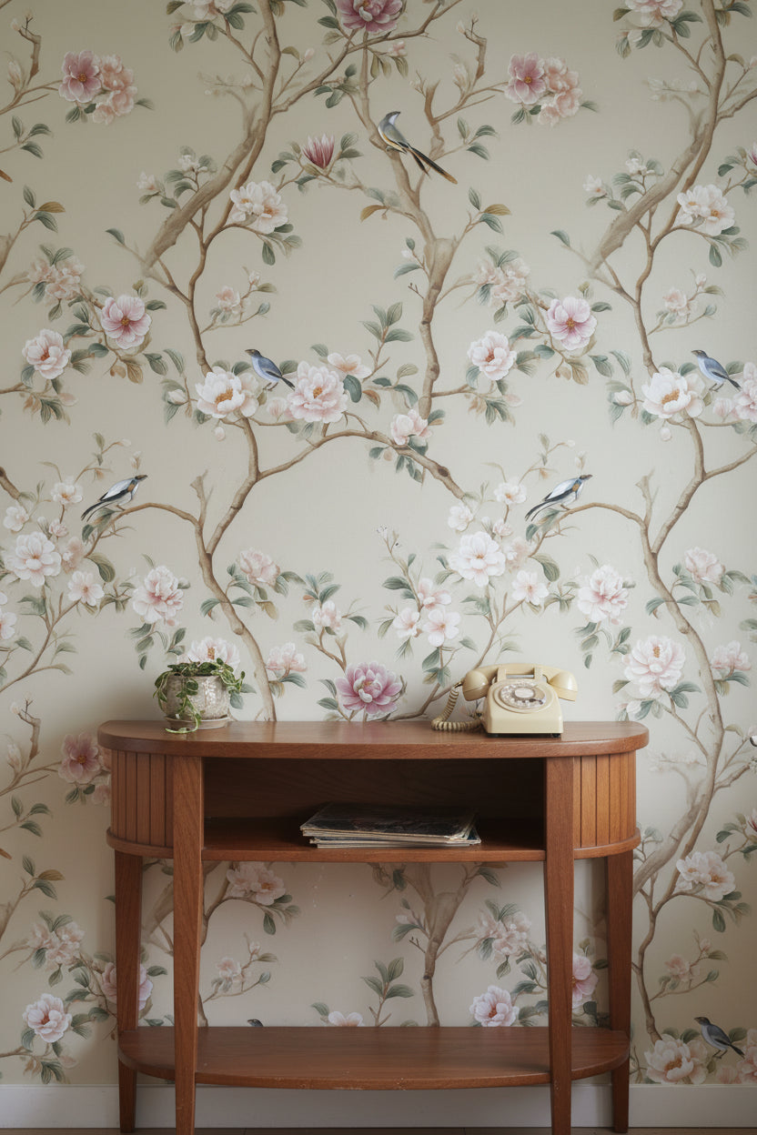 Floral Wallpaper Birds Removable Traditional Wall Double Roll