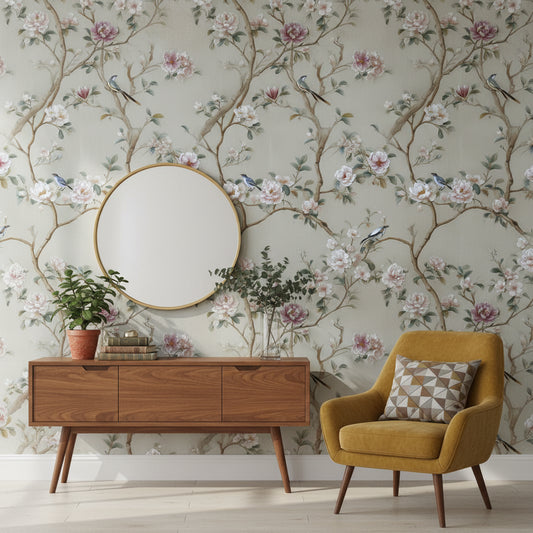Floral Wallpaper Birds Removable Traditional Wall Double Roll
