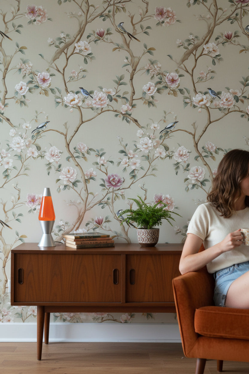 Floral Wallpaper Birds Removable Traditional Wall Double Roll