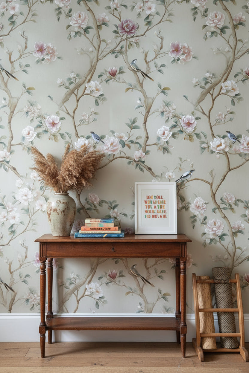 Floral Wallpaper Birds Removable Traditional Wall Double Roll