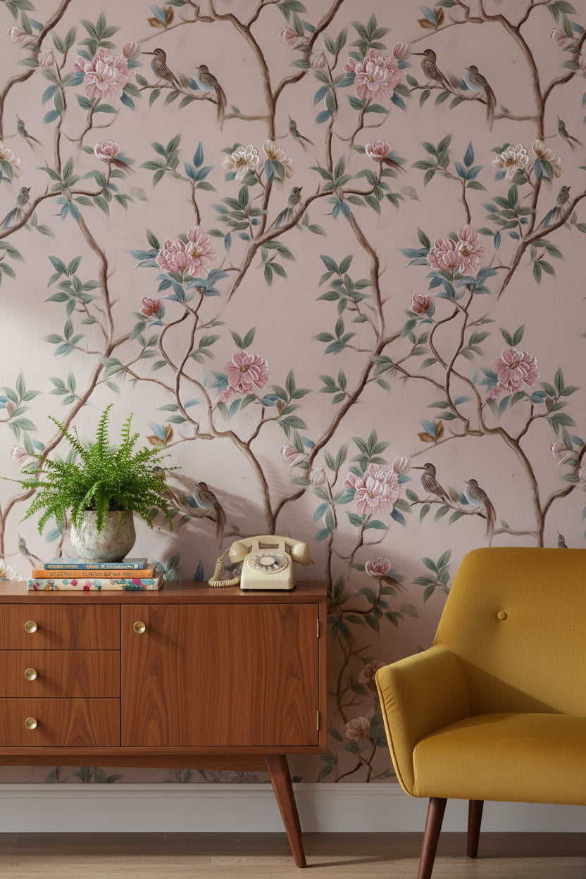 Elegant Floral Wallpaper Traditional Birds Wall Mural