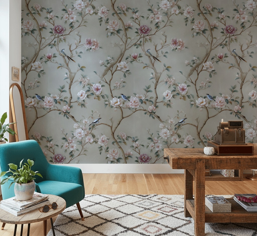 Floral Wallpaper Birds Removable Traditional Wall Double Roll