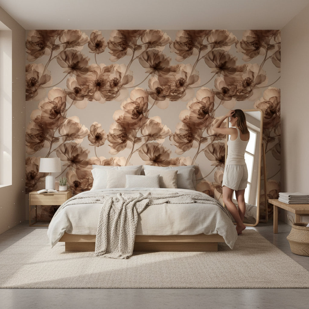 Warm Beige and Brown Floral Wallpaper