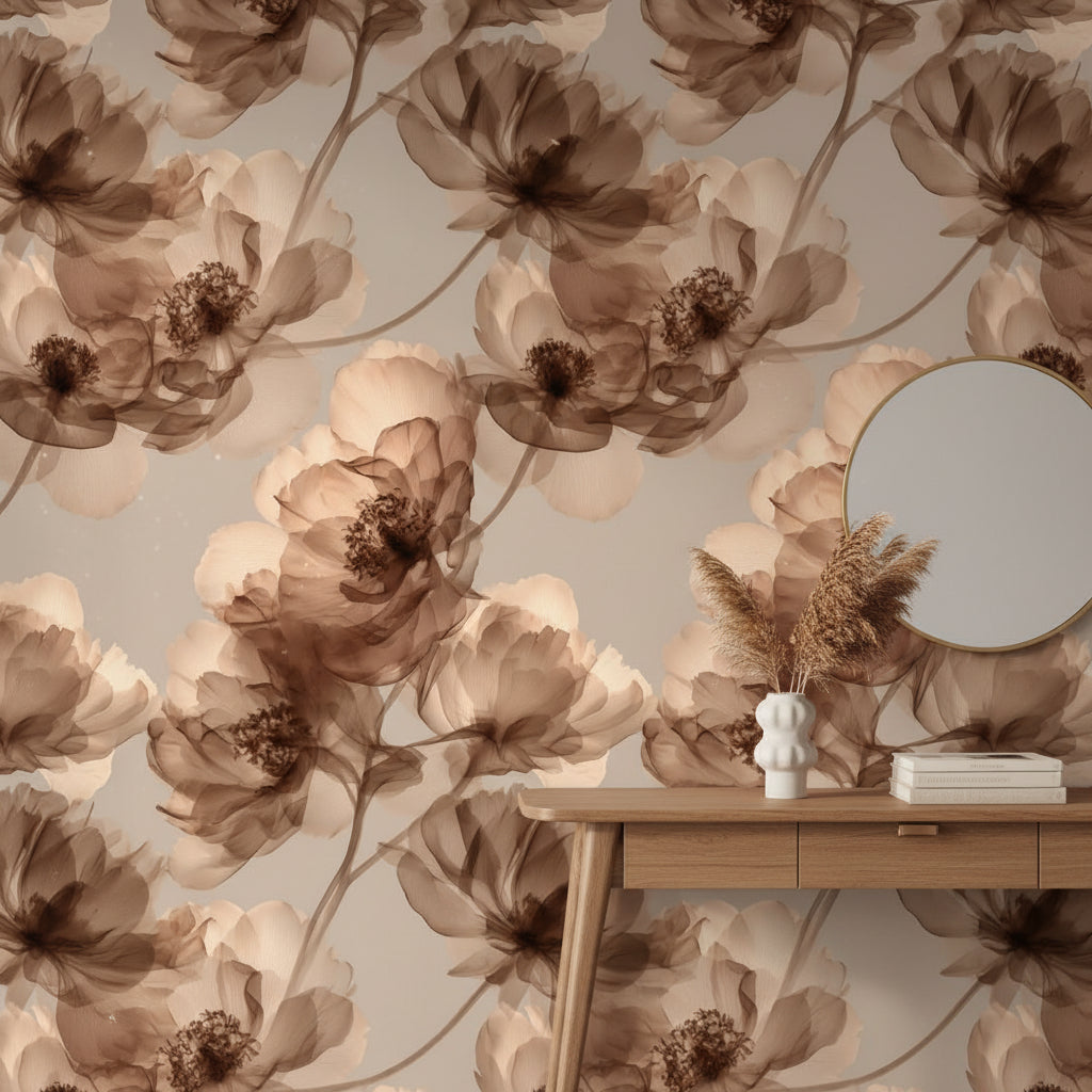 Warm Beige and Brown Floral Wallpaper