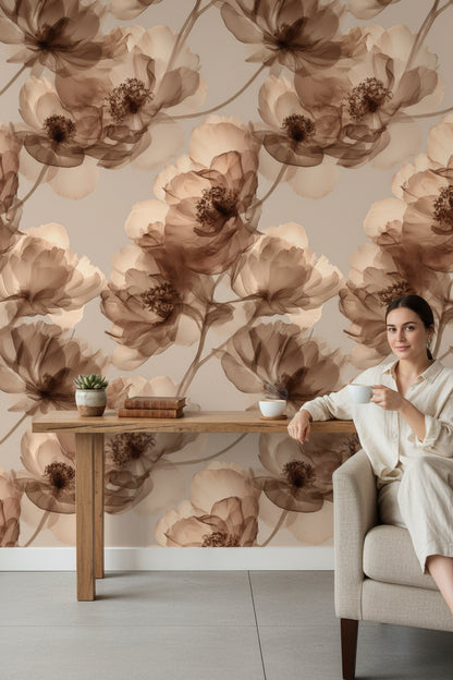Warm Beige and Brown Floral Wallpaper