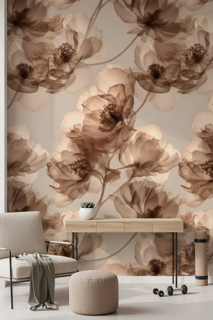 Warm Beige and Brown Floral Wallpaper