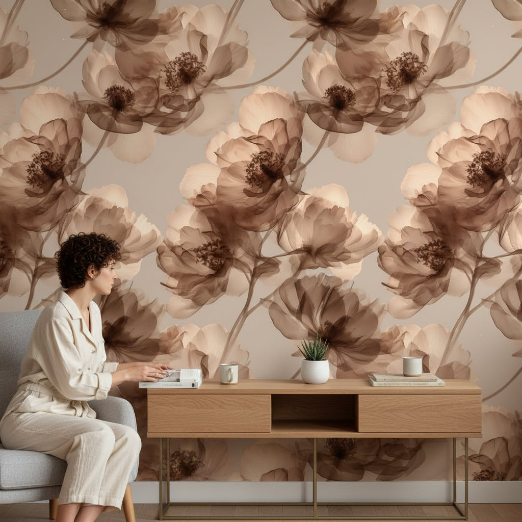 Warm Beige and Brown Floral Wallpaper