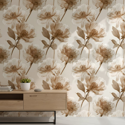Warm Beige Large Floral Peony Wallpaper