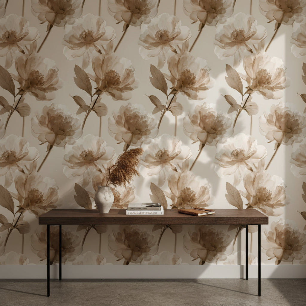 Warm Beige Large Floral Peony Wallpaper