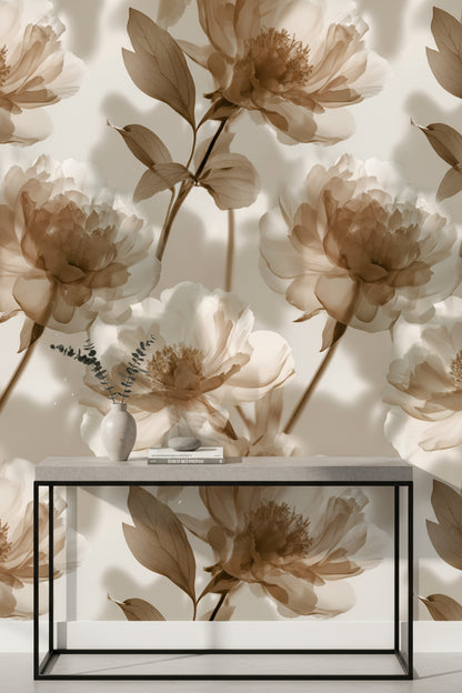Warm Beige Large Floral Peony Wallpaper