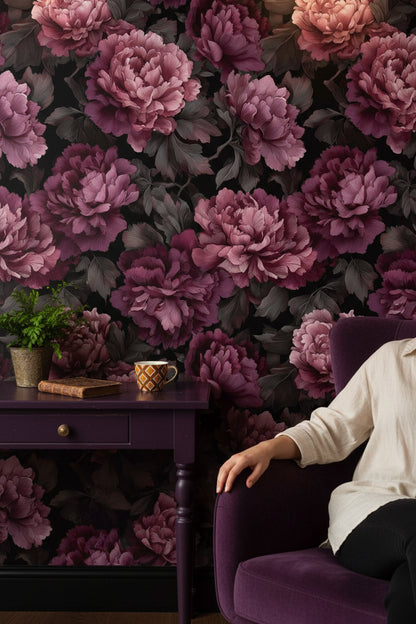Deep Burgundy Peony Floral Wallpaper
