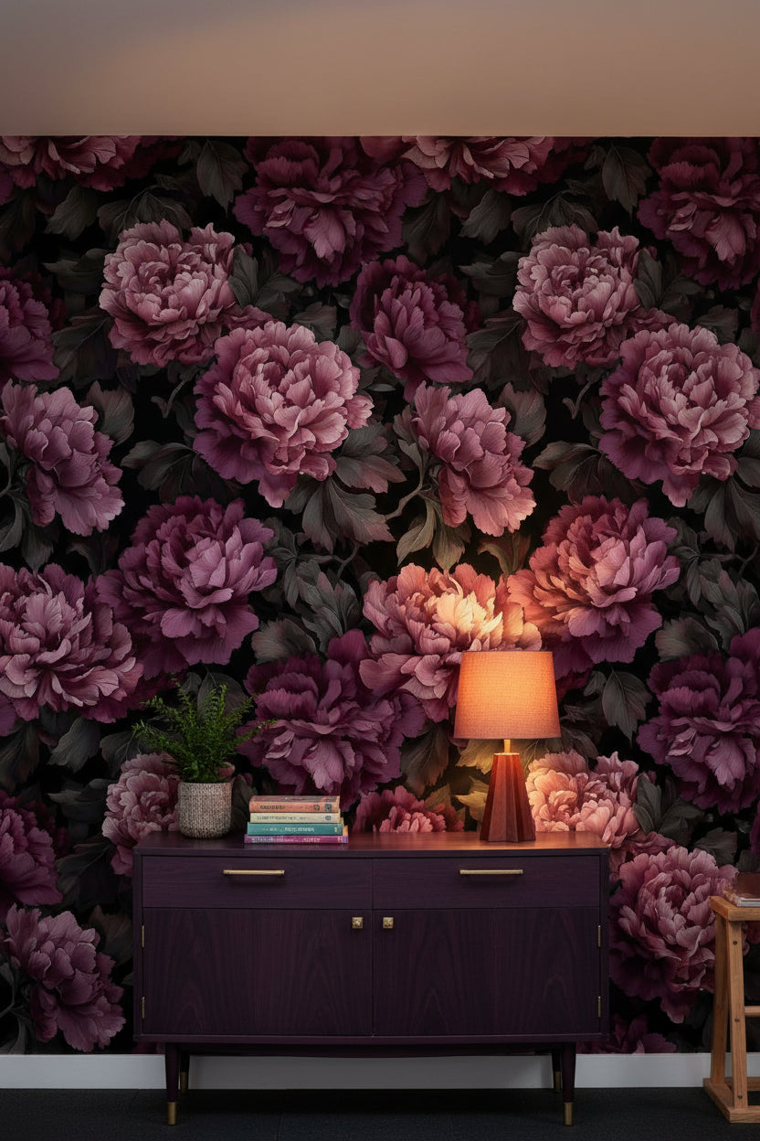 Deep Burgundy Peony Floral Wallpaper