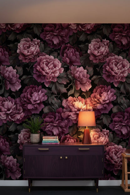 Deep Burgundy Peony Floral Wallpaper