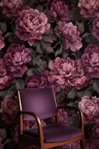 Deep Burgundy Peony Floral Wallpaper