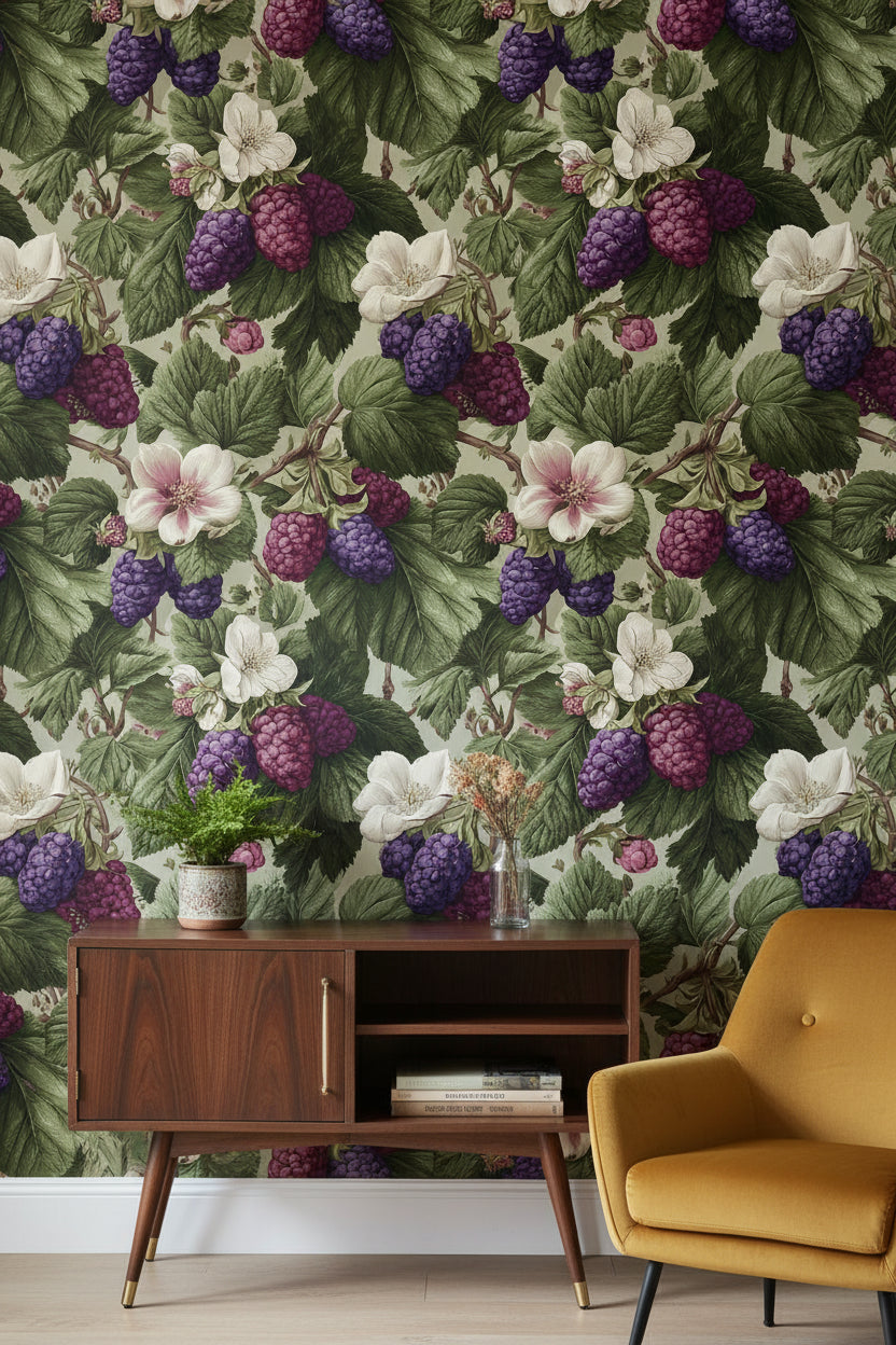 Bold Green and Purple Berry Botanical Wallpaper