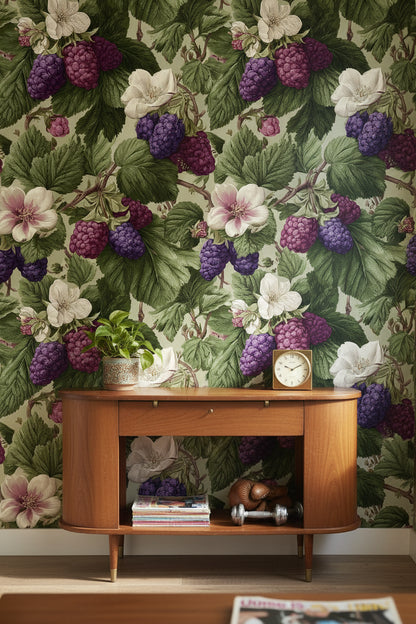 Bold Green and Purple Berry Botanical Wallpaper