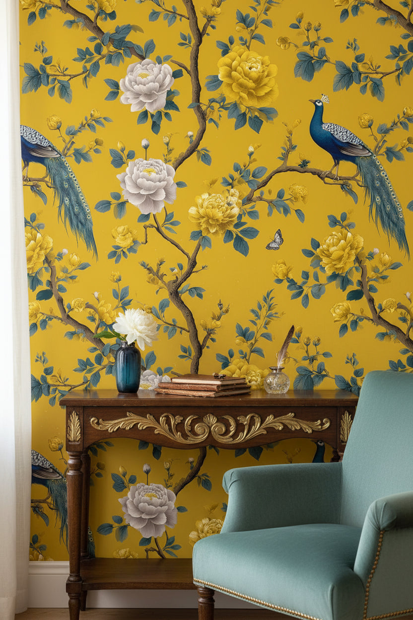 Golden Look Yellow Peacock and Rose Floral Wallpaper
