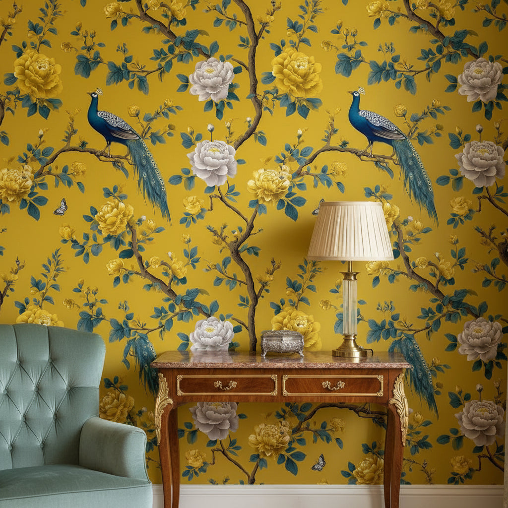 Golden Look Yellow Peacock and Rose Floral Wallpaper