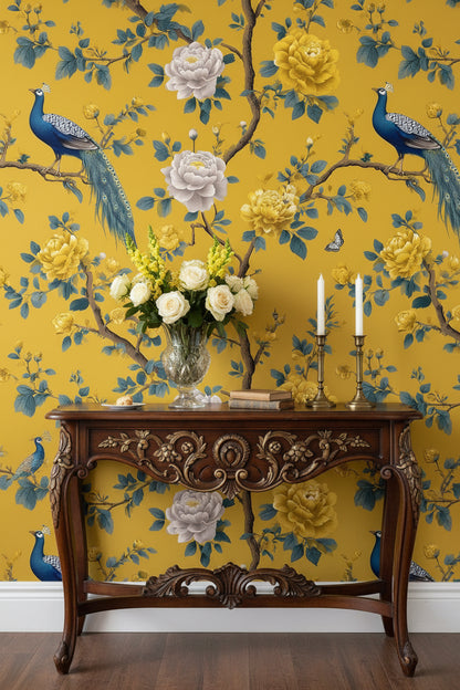 Golden Look Yellow Peacock and Rose Floral Wallpaper
