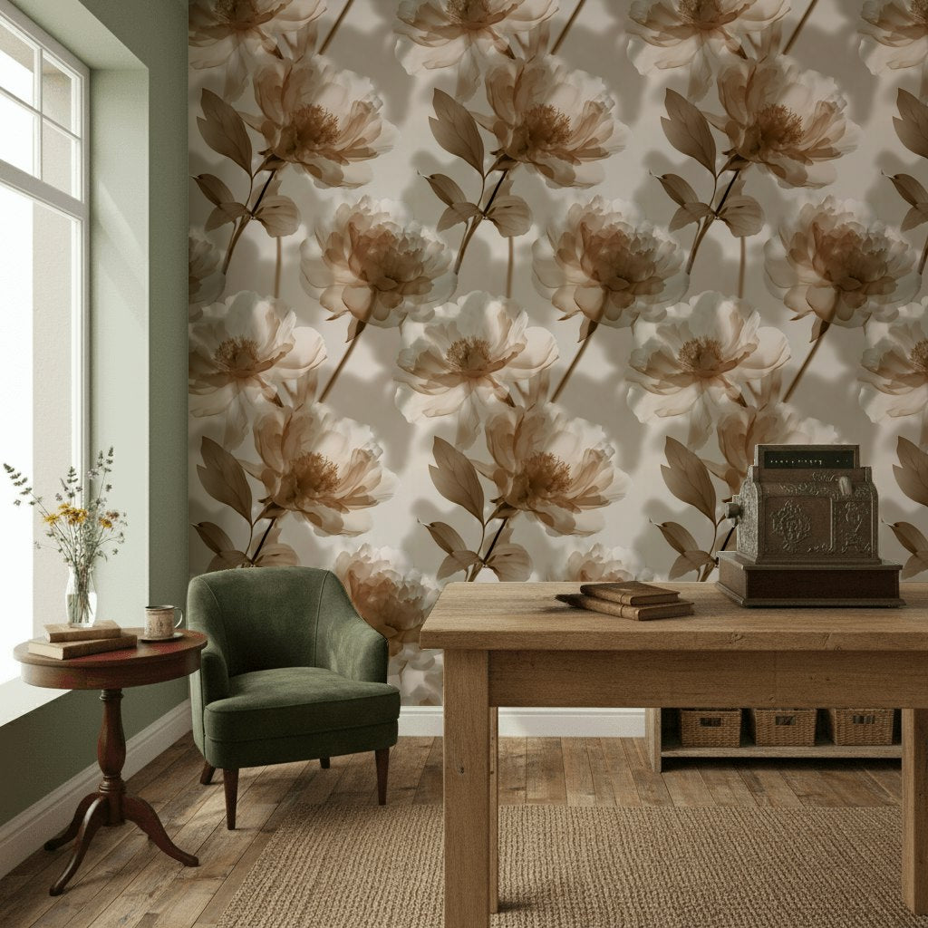 Warm Beige Large Floral Peony Wallpaper