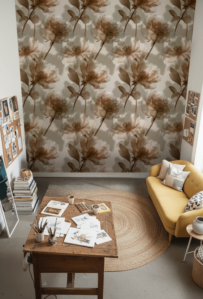 Warm Beige Large Floral Peony Wallpaper