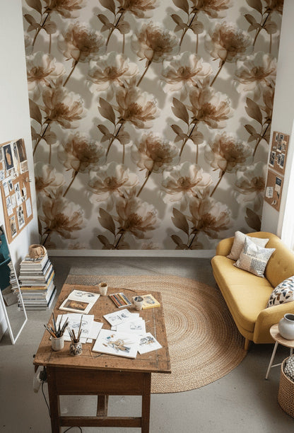 Warm Beige Large Floral Peony Wallpaper