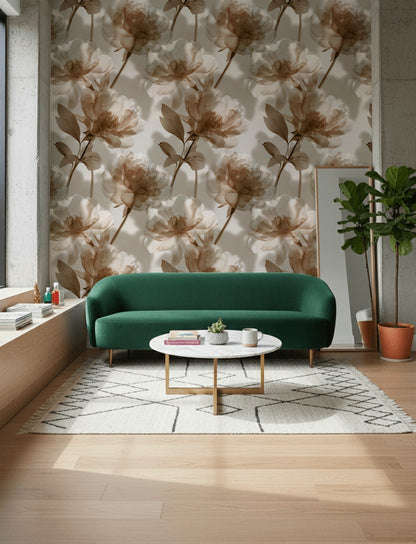 Warm Beige Large Floral Peony Wallpaper