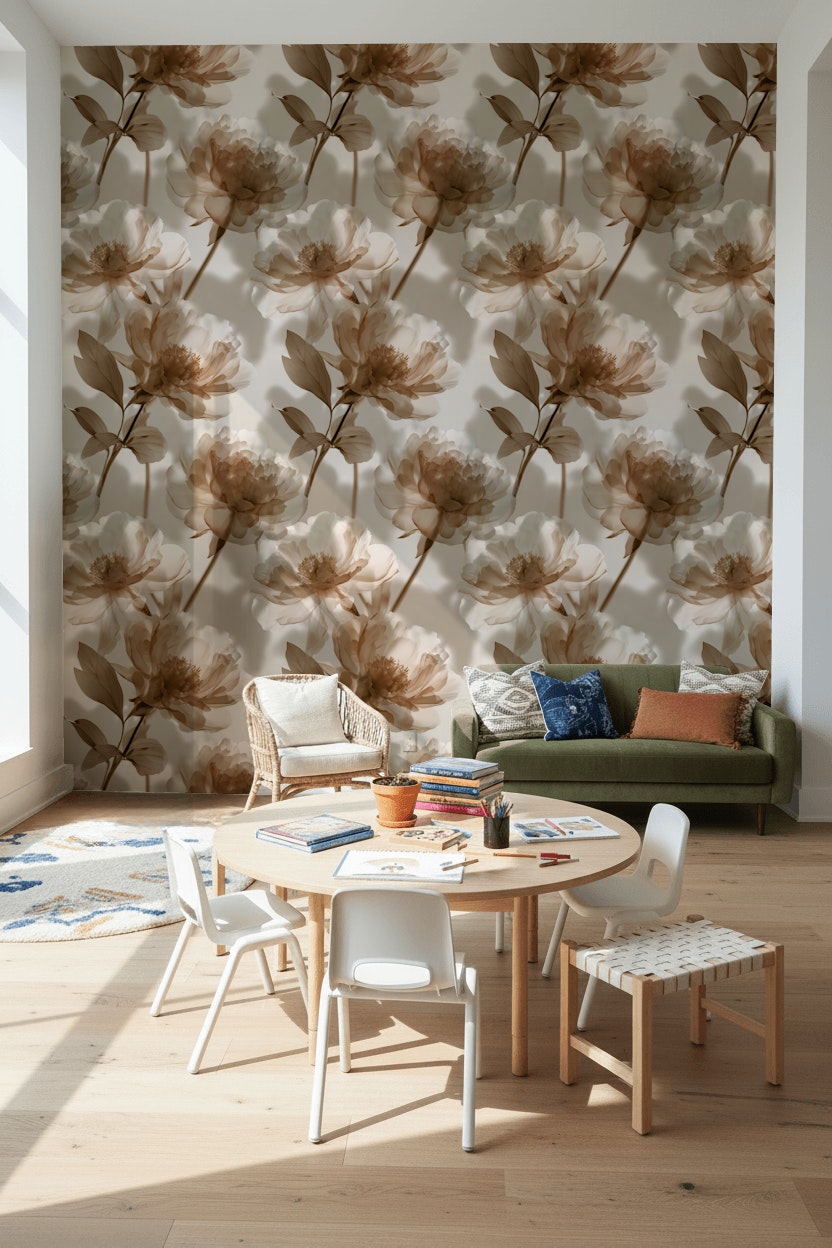 Warm Beige Large Floral Peony Wallpaper