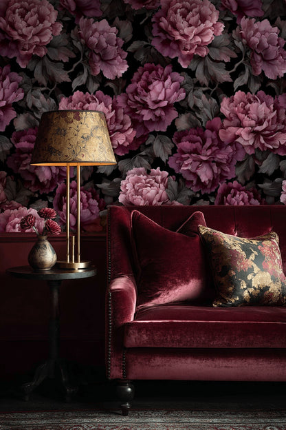 Deep Burgundy Peony Floral Wallpaper