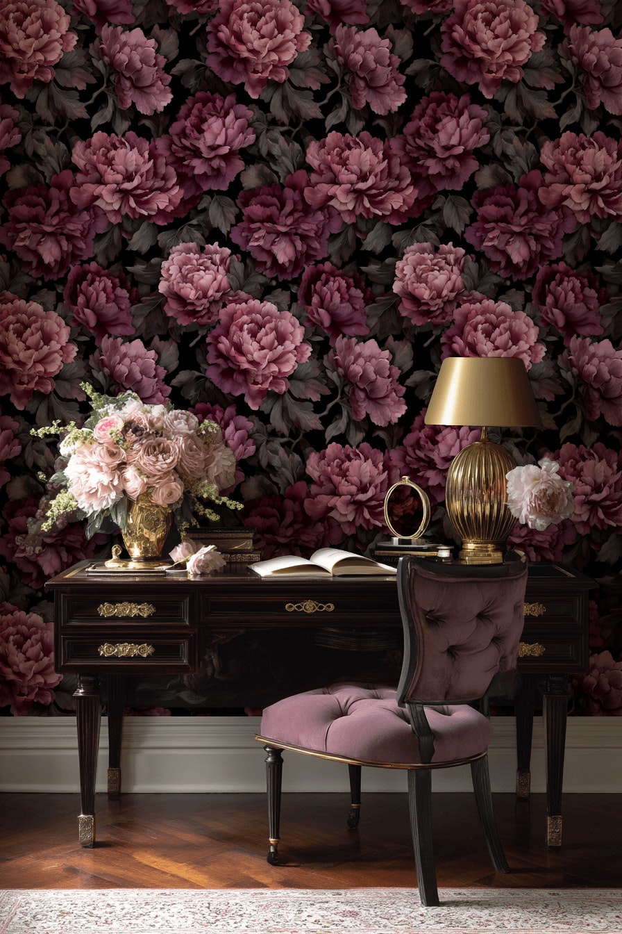 Deep Burgundy Peony Floral Wallpaper