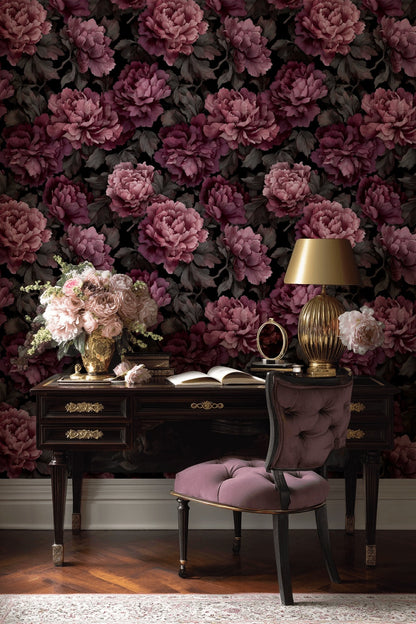 Deep Burgundy Peony Floral Wallpaper