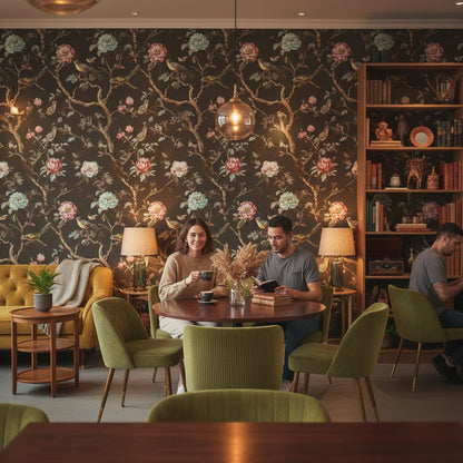 Moody Black Floral and Bird Chinoiserie Wallpaper