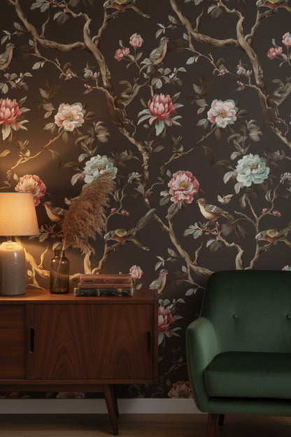 Moody Black Floral and Bird Chinoiserie Wallpaper