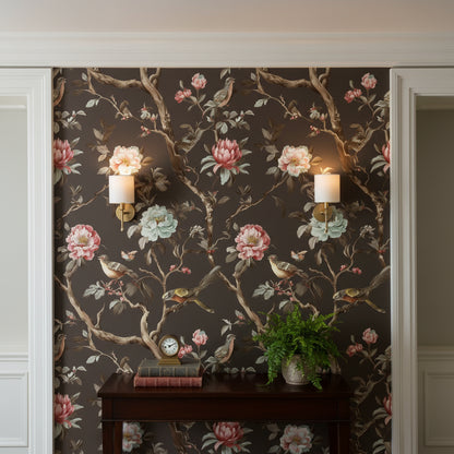 Moody Black Floral and Bird Chinoiserie Wallpaper