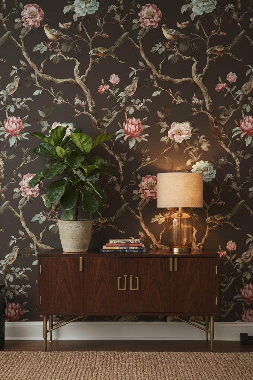 Moody Black Floral and Bird Chinoiserie Wallpaper