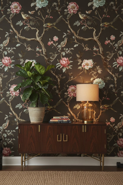 Moody Black Floral and Bird Chinoiserie Wallpaper