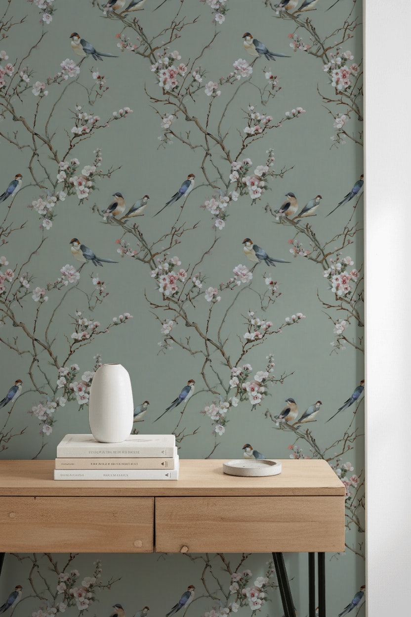 Sage Green Cherry Blossom Bird Wallpaper