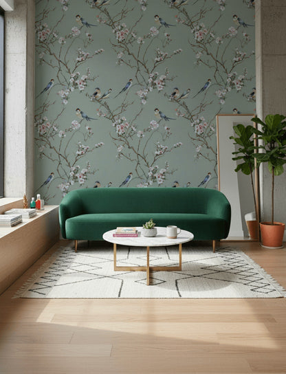 Sage Green Cherry Blossom Bird Wallpaper