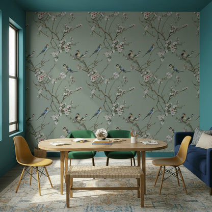 Sage Green Cherry Blossom Bird Wallpaper
