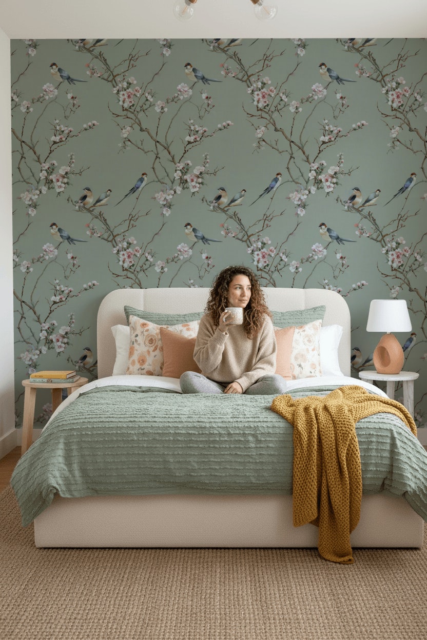 Floral Wallpaper Birds Removable Traditional Wall Double Roll