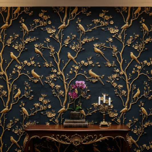 Golden Birds Wallpaper Classic Elegant Wall Mural